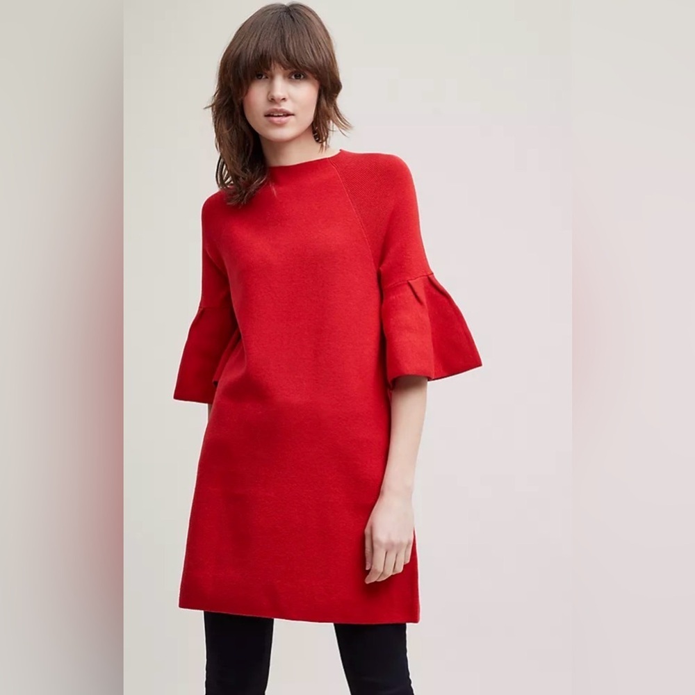 ANTHROPOLOGIE MOTH Chester Bell Sleeve Mini Sweater Dress Red Size Small